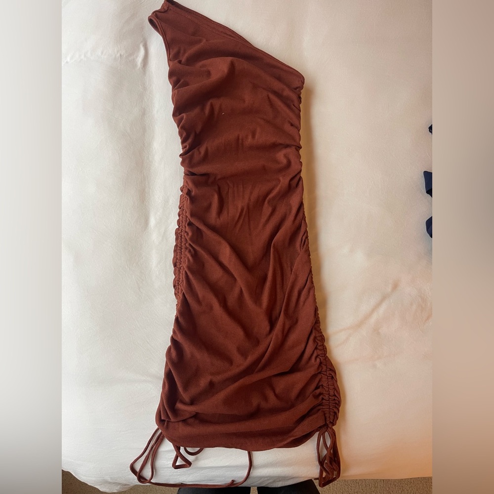 Rust Brown/Burnt Orange One Shoulder Ruched Dress